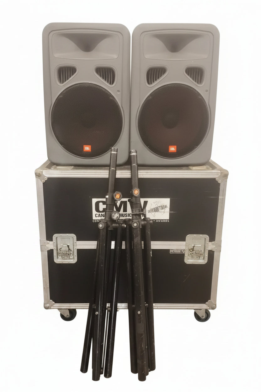 JBL Eon 15 powered speakers, stands and road case