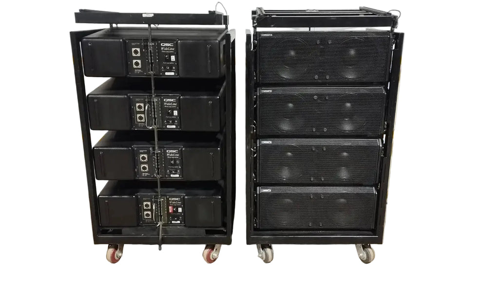 QSC Wideline-10 line array speakers with fly bars and carts