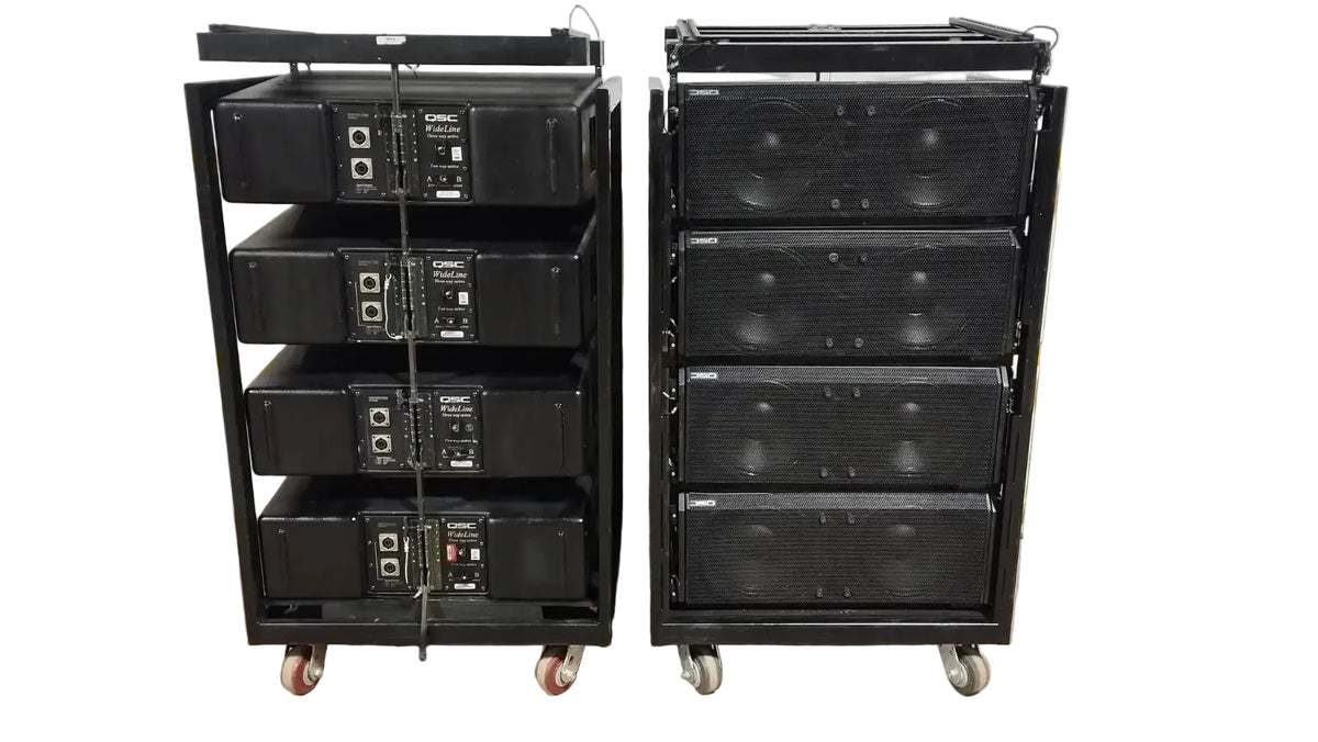 QSC Wideline-10 line array speakers with fly bars and carts