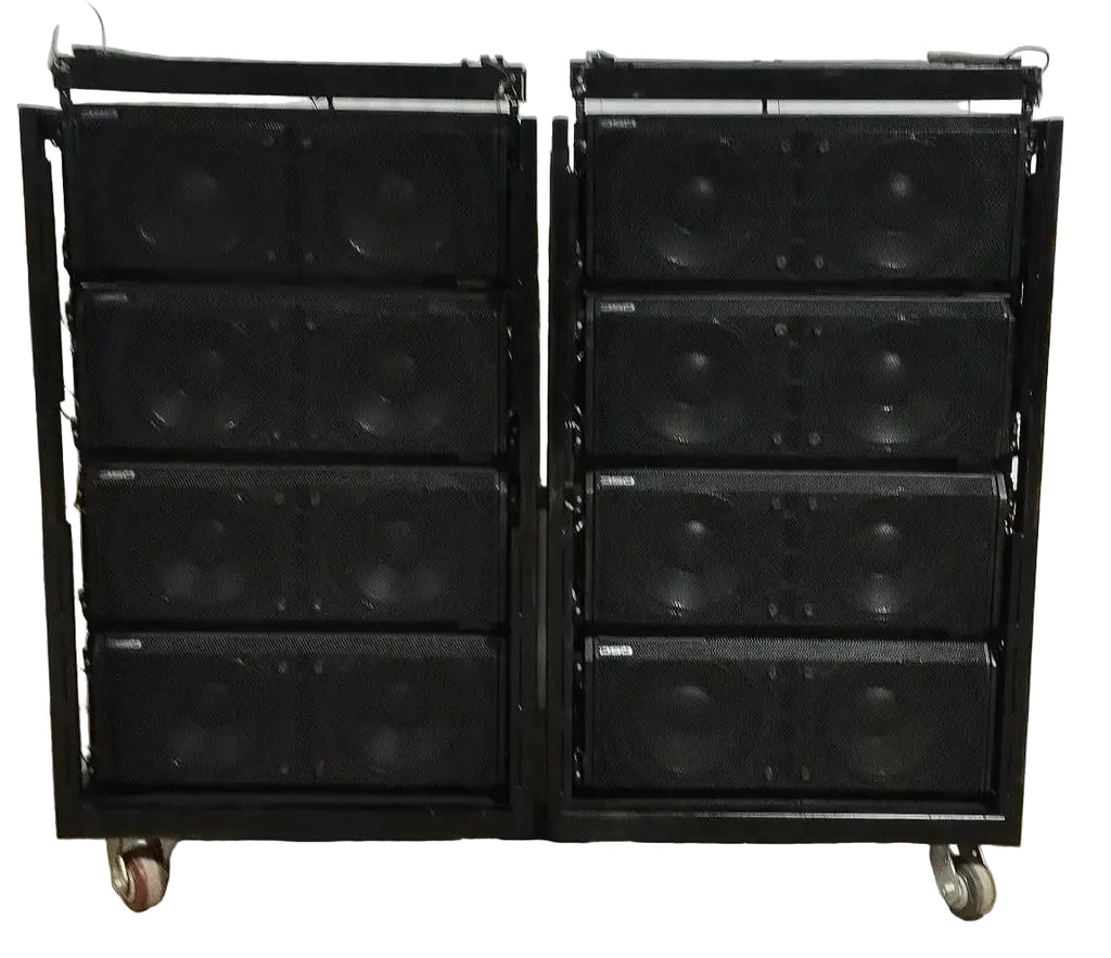 QSC Wideline-10 line array speakers with fly bars and carts