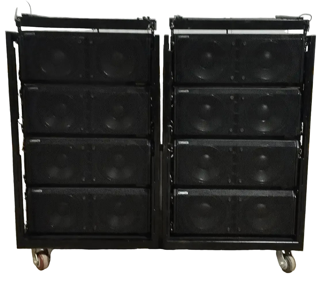 QSC Wideline-10 line array speakers with fly bars and carts