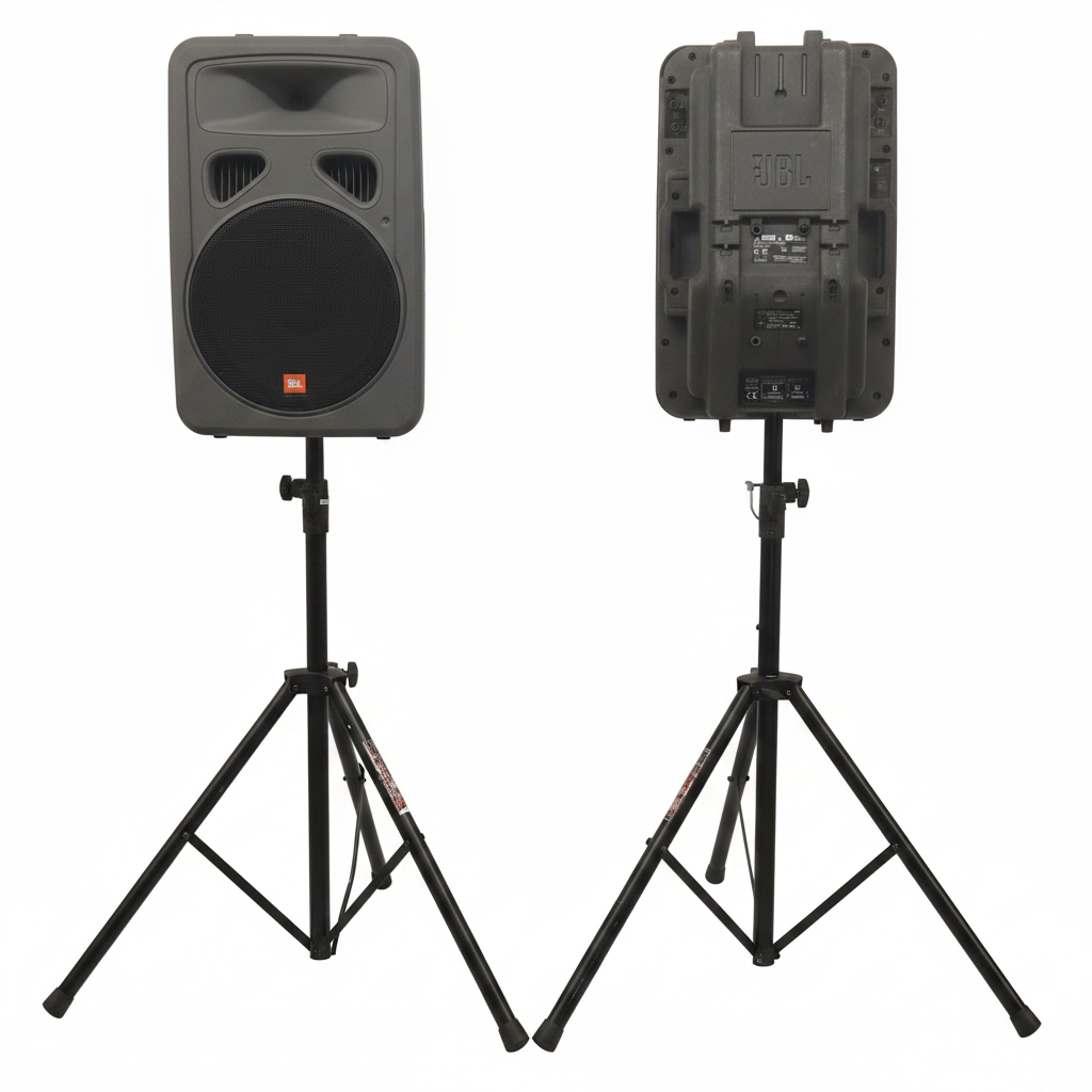 JBL Eon 15 powered 15" speakers with speaker stands