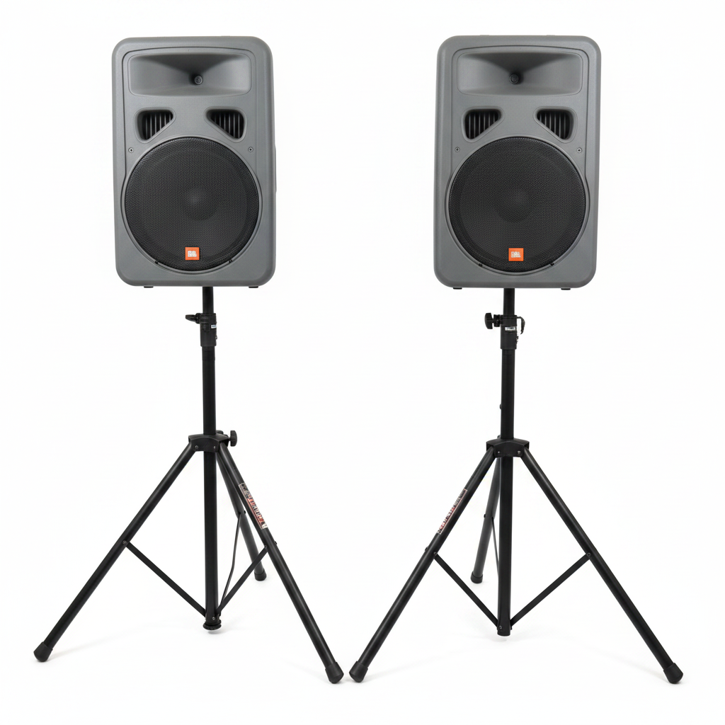JBL Eon 15 powered 15" speakers with speaker stands